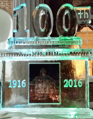Carved 100 on base with laminated picture frozen in block and snowfilled wording