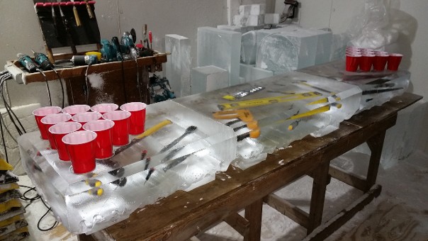 Beer Pong Table with tools frozen into center block
