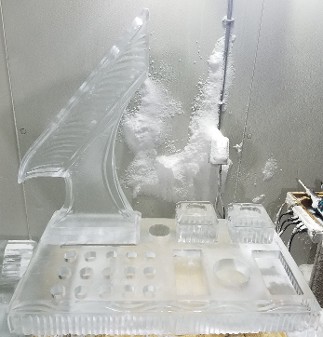 Custom Cut 40 Inch Tray with Single Track Shot Luge, into cup, Holes drilled for caviar tins, shot glasses and condiments Custom Cut 40 Inch Tray with Single Track Shot Luge, into cup, Holes drilled for caviar tins, shot glasses and condiments