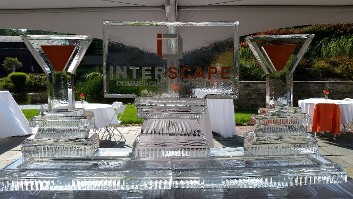 Ice Matters - 80 inch base tray with colored logo in center and colored martini glass facade on each side