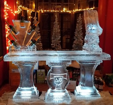 80 Inch Ice Bar with 5-Bottle Holder and Double Track Shot Luge on top, customized with logo in center leg