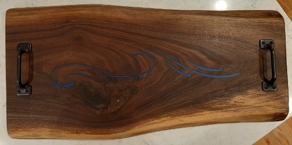 Abstract Wave Design in Blue Resin on Black Walnut Serving Tray Abstract Wave Design in Blue Resin on Black Walnut Serving Tray