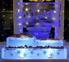 Ice Matters Blocks Raw Bar with Snowfilled Snowflakes on front block and Snowfilled Logo in Back