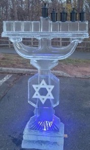 Ice Matters Menorah with Snowfilled Star of david on Stem - holes cut to hold 3 inch torch inserts