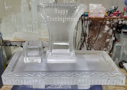 4.)  Ice Matters Shrimp Tower with Snowfilled Happy Thanksgiving on 40 Inch Tray with Lemon Holder