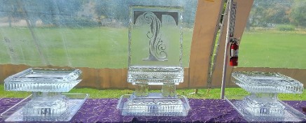 pick up at our studio or add on to larger order as shown x2 20 inch pedestal trays with custom snowfilled single block logo in center