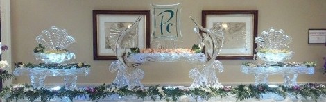 Ice Matters - 160 Inch Base Tray with Swordfish Holding Raised Tray with Logo and Tray with Small Open Shell on each side