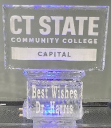 ice matters - snowfilled logo with plaque in front