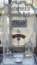 ice matters single pour drink luge with prinated laminated pictures of logos and snowfilled coffee beans