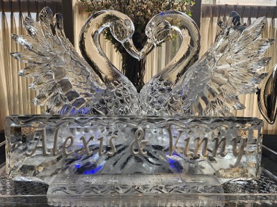 ice matters kissing swans with snowfilled name plaque - horizontal