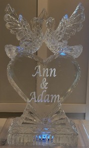 ice matters lovebirds on solid clear heart with snowfilled names