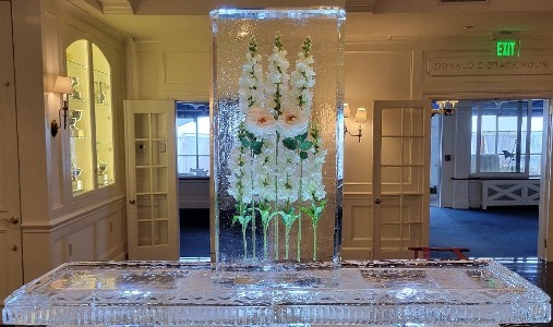 ice matters 80 inch tray with silks frozen into block in center