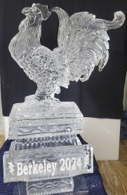 ice matters carved rooster with custom snowfilled plaque in front