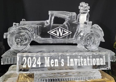 ice matters - carved vintage car with snowfilled logo on side and clubs in back and snowfilled plque in front