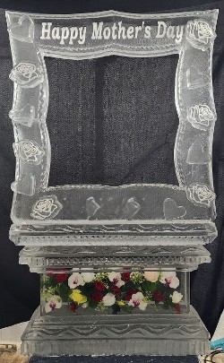 37.)  Ice Matters - Happy Mother's Day Photo Op with Silks frozen into base and Snowfilled Heart and Flower Accents on Frame.jpg