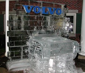 Car crashing through wall with colored logo